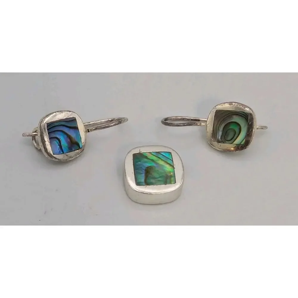 Vintage Sterling Silver Abalone Square Shaped Earring & Pendant Set